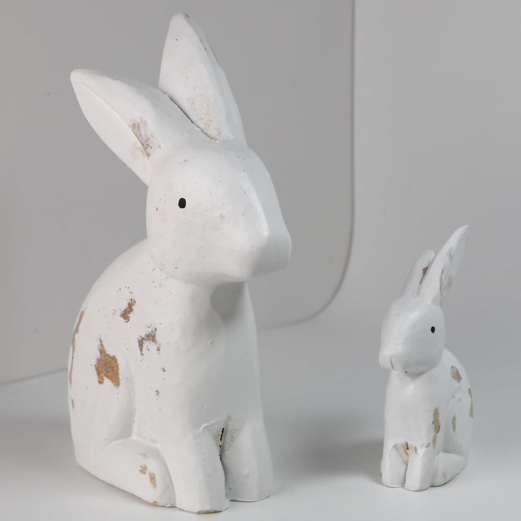 Wooden Easter Bunny Figurines, Tabletop Rabbit Decor for Spring & Easter Home Decoration, White Painted & Natural - Set of 2