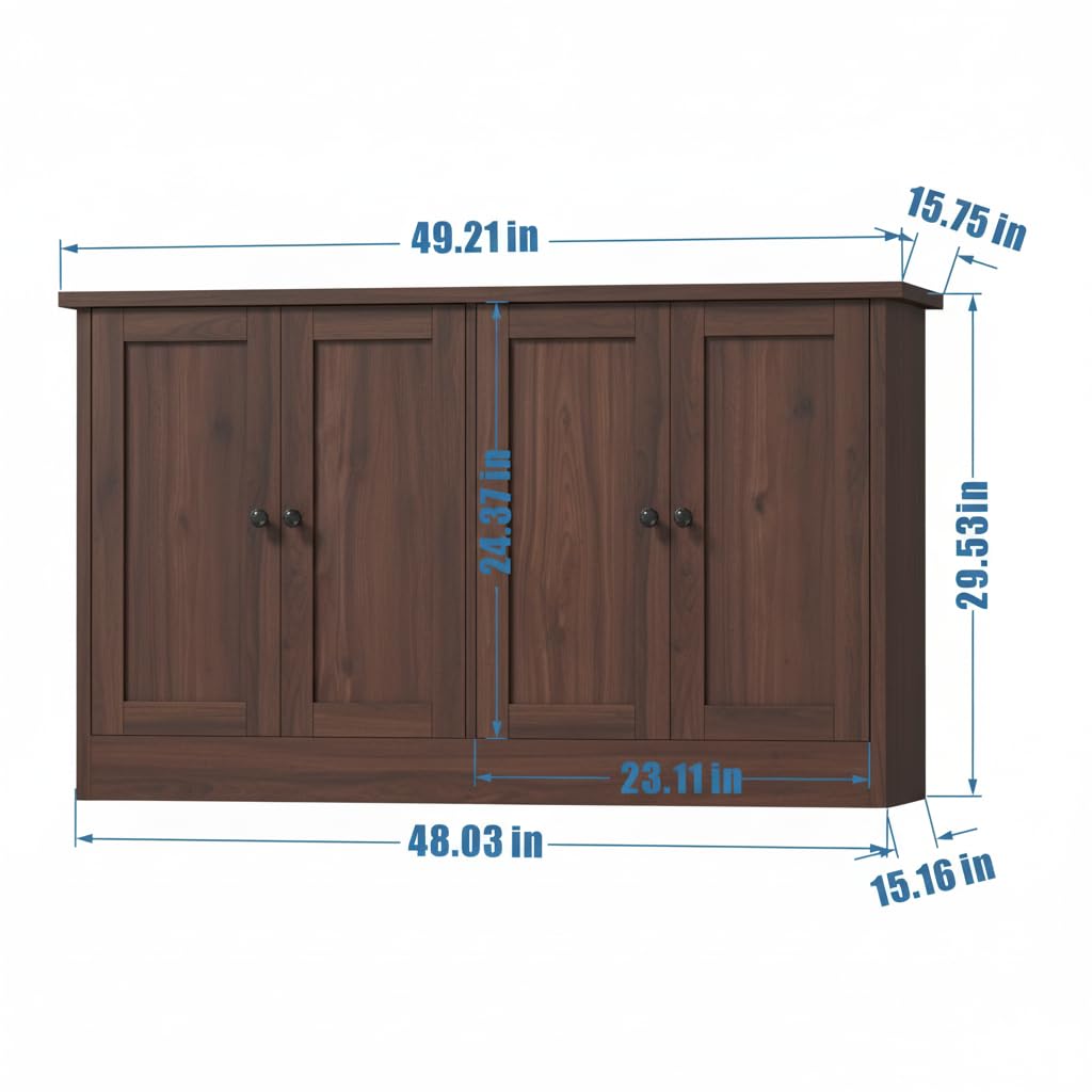 Rustic Brown Buffet Cabinet with Storage, 49" Farmhouse Kitchen Sideboard with 4 Doors, Industrial Coffee Bar Cabinet