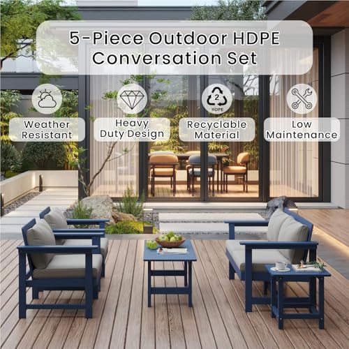 5-Piece HDPE Outdoor Patio Furniture Set - Conversation | Navy Blue for Patio, Garden & Porch