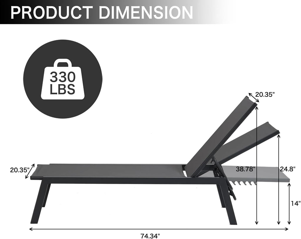 Aluminum Outdoor Chaise Lounge Set of 2,Patio Breathable Textilene Lounge Chairs,Sunbathing Recliner w/5 Adjustable