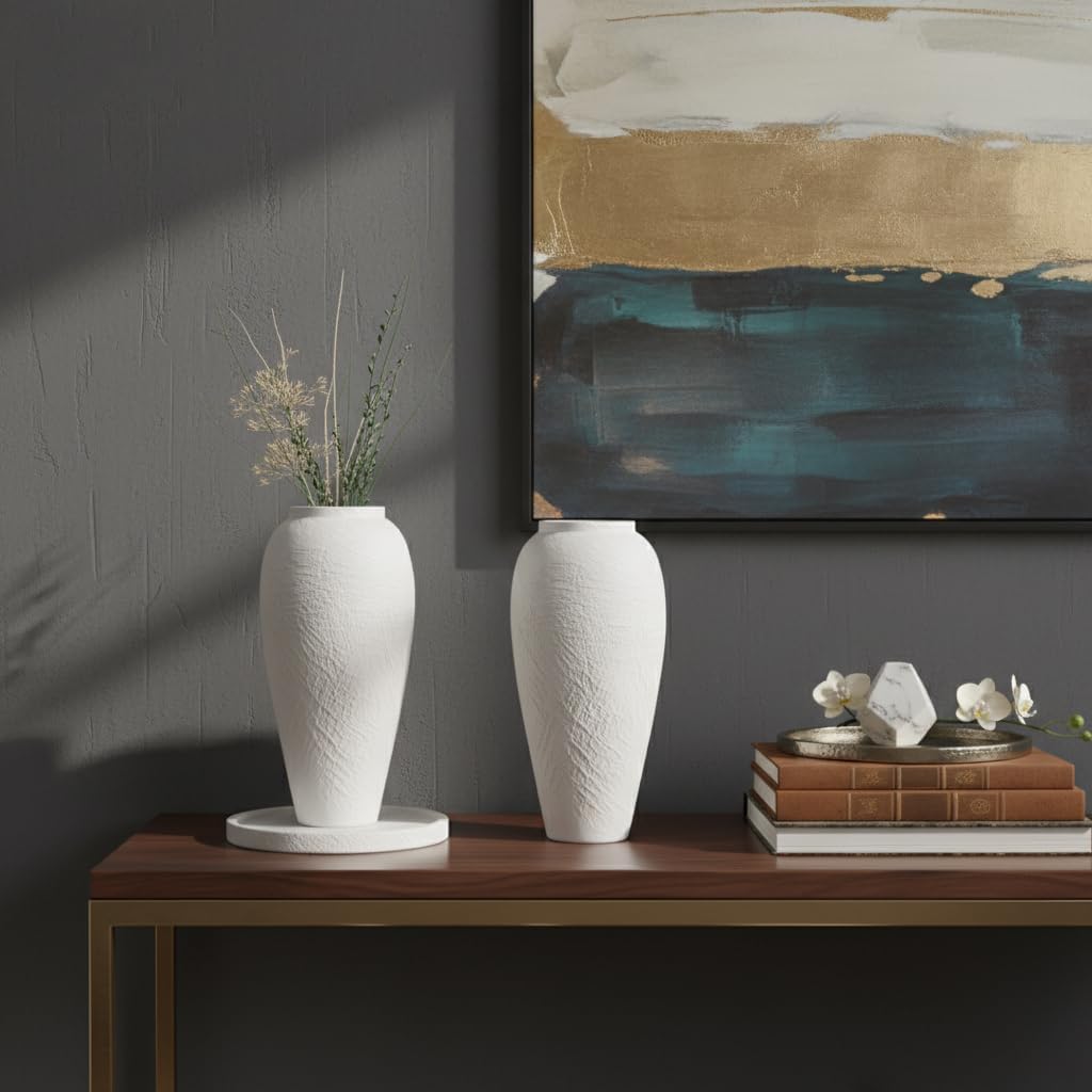 White Ceramic Vase, Large 12.6 Inch Tall Ceramic Flower Vase Home Decor, Minimalist Texture Stone White Flower Vase