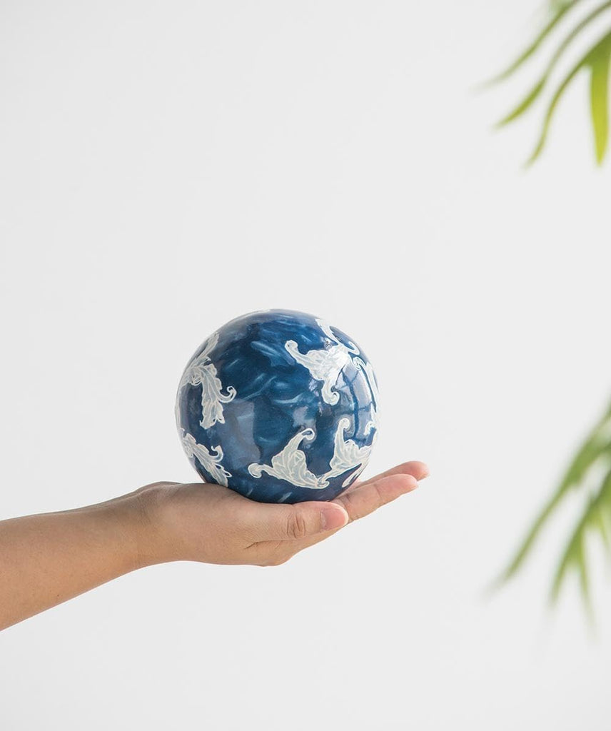 Set of 4 Ceramic Decorative Spheres - Handcrafted Blue and White Coastal Floral Orbs Decor, Tabletop Accent, Shelf