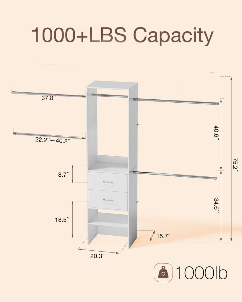 Closet System with Drawer, 5-8FT Closet Organizers System with 5 Adjustable Hanging Rods and Shoe Rack, Heavy Duty