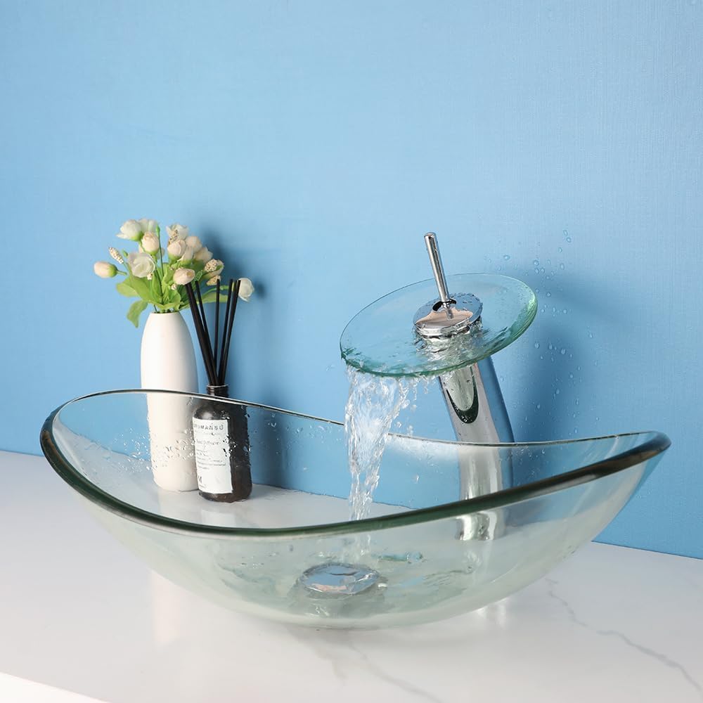 22 Inch Bathroom Vessel Sink with Waterfall Faucet and Pop-Up Drain Combo,Clear Glass Sink Bowl Above Counter Oval