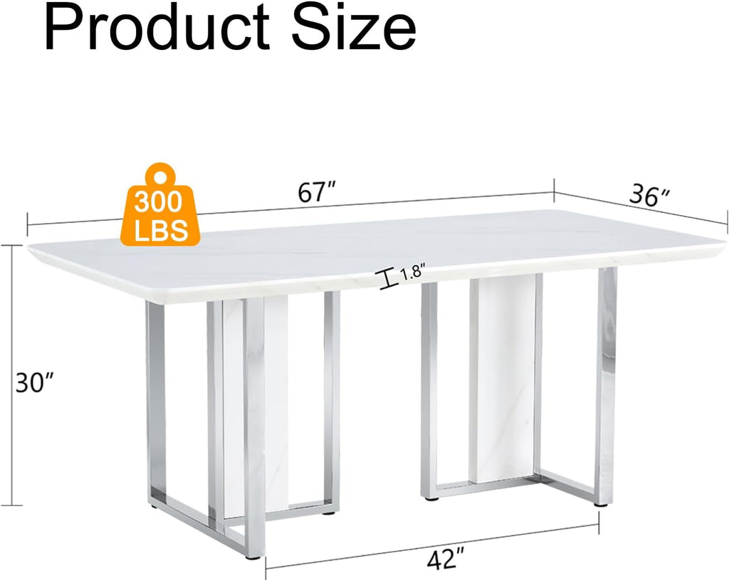 67 Inch Faux Marble Dining Table, White Rectangular Kitchen Dining Table, 1.8 Inch Thick Mid Century Modern Dining