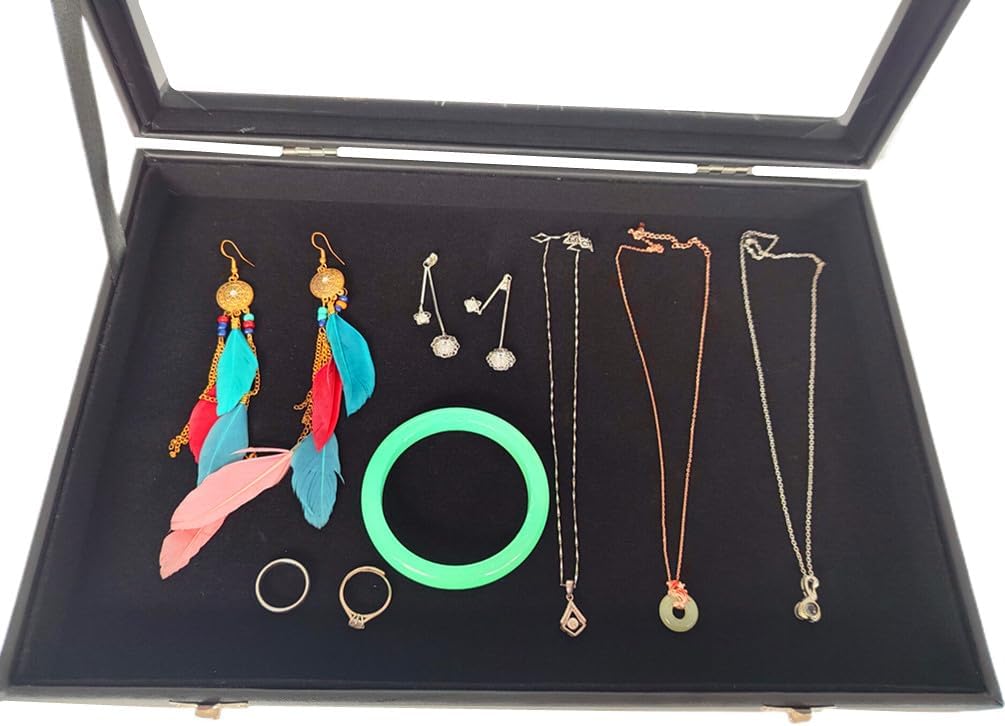Wooden Jewelry Organizer Tray Box with Clear Lid, Travel Rectangle Organization Storage Box with Metal Clasp, Velvet