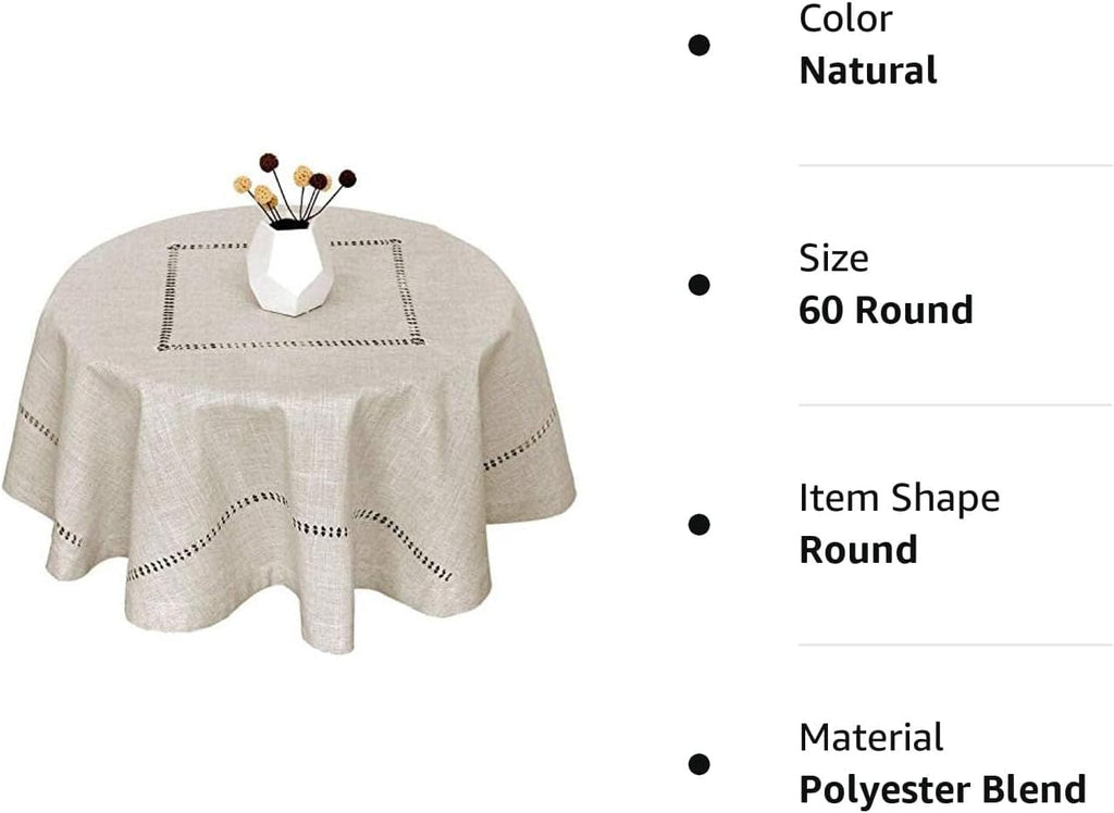 Handmade Double Hemstitch Natural Tablecloth, Round 60 Inch
