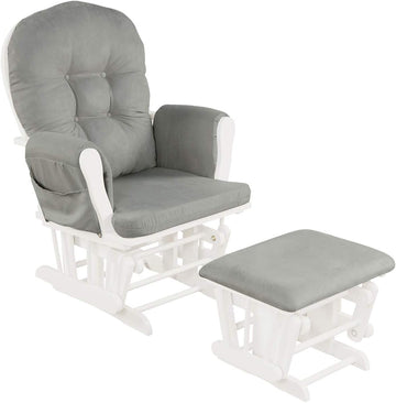 Nursery Glider with Ottoman, Upholstered Comfort Glider Rocker with Padded Cushion, Storage Pocket, Solid Wood Base