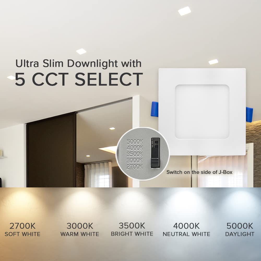 4" Ultra Thin Square LED Downlight, 750 Lumens, 5 CCT, 12-Pack