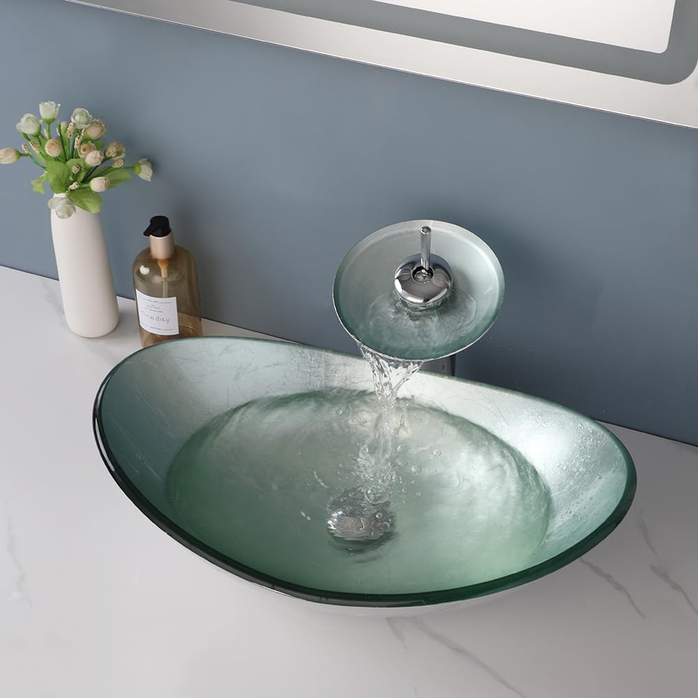 Oval Bathroom Vessel Sink Tempered Glass With Faucet Pop Up Drain Washing Bowl Waterfall Above Counter Set