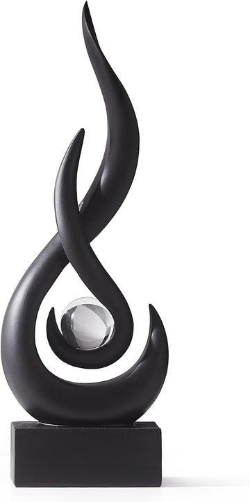 Modern Black Sculpture Decor: Flame Statue with Glass Ball Resin Abstract Art Figurines Unique Centerpiece TV Stand