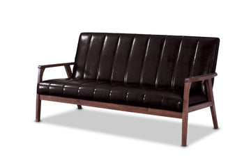 Studios Mid-Century Modern Scandinavian Style Faux 3 Seater Leather Wooden Sofa, Dark Brown