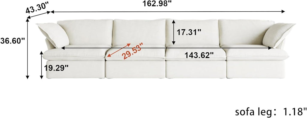 162" Cloud Sectional Couches for Living Room, Modular Sectional Sofa, Down Fill Couch Sectional, Cushion Covers Removable, Deep Seat Sofas for Living Room (4 Seats, White)