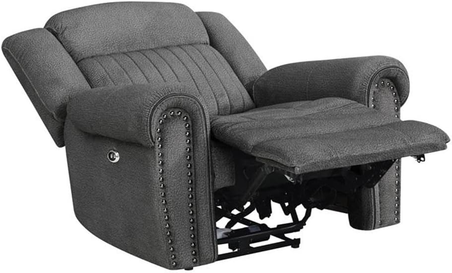 Microfiber Power Reclining Chair, Charcoal Textured Fabric, Nailhead Trim, 40"H x 41"W x 38"D, Solid Wood Frame