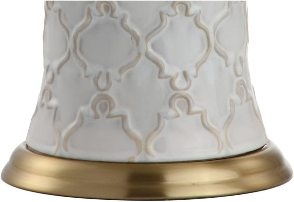 29" Cream Textured Ceramic Table Lamp, Transitional Quatrefoil Trellis Design with White Linen Drum Shade and Brass
