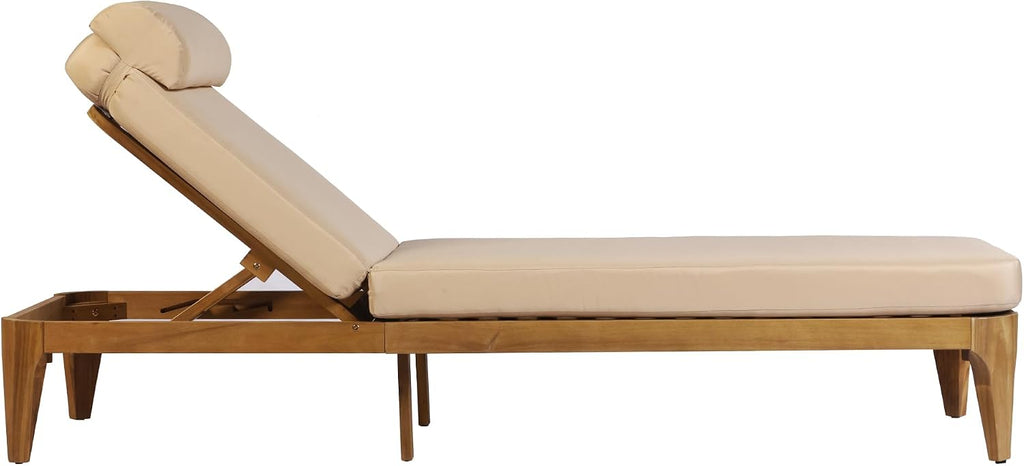 Acacia Wood Chaise Lounge Chair with Adjustable Backrest & Head Pillow, Outdoor Patio Sunbathing Lounger Backyard