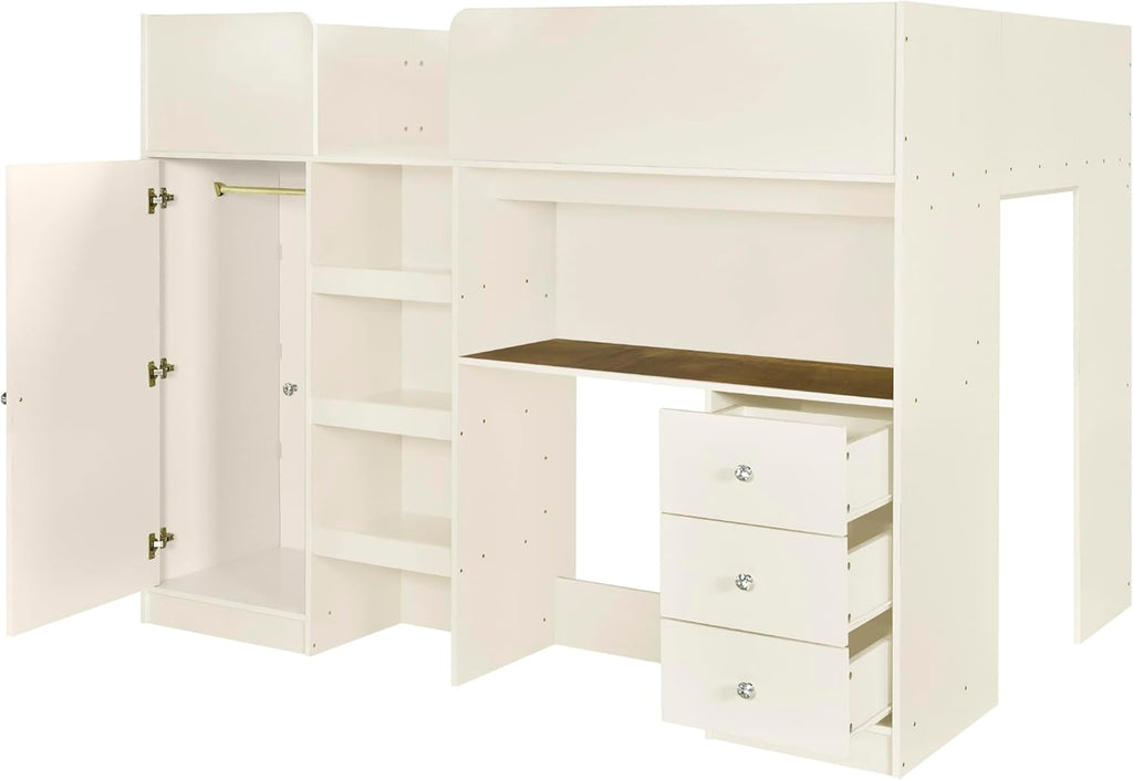 Full Loft Bed with Desk, Wood Full Loft Bed Frame with Built-in Wardrobe, Storage Shelves and Drawers, Beige