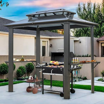 8' x 5' Hardtop Grill Gazebo with Double Roof, Polycarbonate Panels, Aluminum Frame & Galvanized Steel for Patio and Backyard