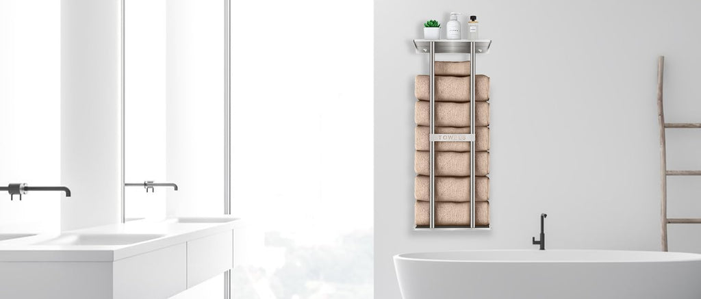Bathroom Towel Storage , Wall Towel Rack for Rolled Towels, 30 inch Towel Holder Wall Mounted with Metal Shelf Can