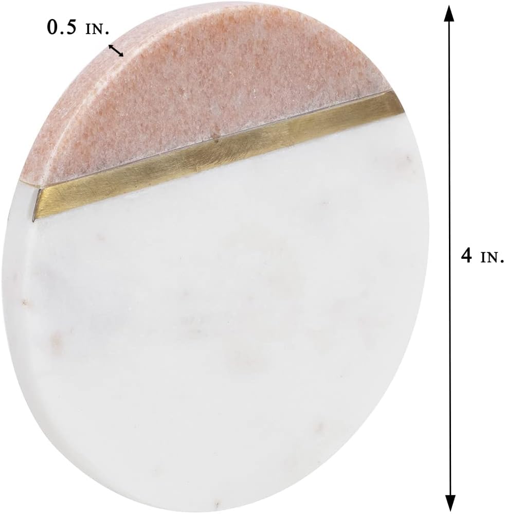 Round Marble Coasters - Handmade Multicolor Stone Drink Coasters with Gold Brass Inlay - Stylish Modern - Set of 4