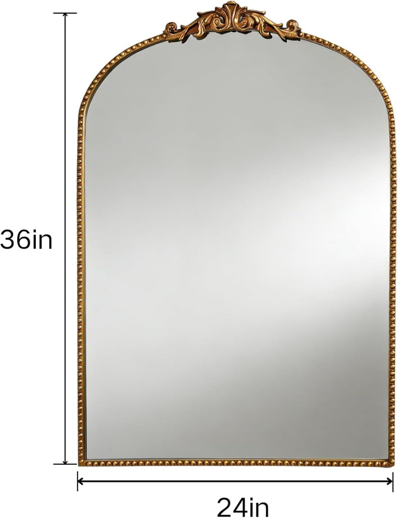 Vintage Baroque Arched Wall Mirror 36"x24", Gold Ornate Antique French Traditional Decor Mirror for