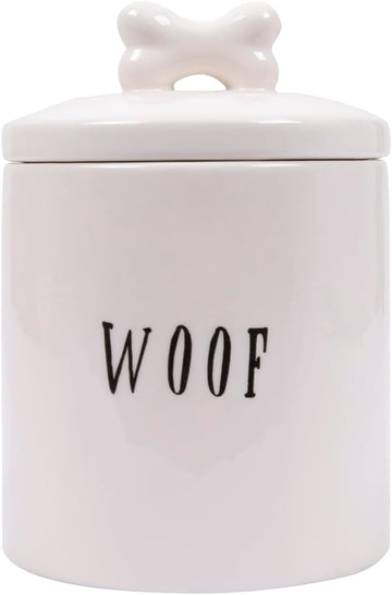 Ceramic Dog Treat Jar with Woof Message and Bone Handle Lid, White and Black