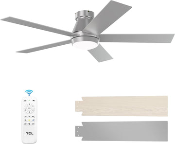 52" Ceiling Fan with Lights, Silver Flush Mount, 5 Blade Low Profile, 6 Speeds DC Reversible, Dimmable, Modern for Bedroom, Living Room and Garage