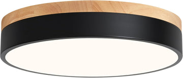 Dimmable Wood Flush Mount Ceiling Light Modern Black LED Ceiling Light Fixture 2700K-6000K Minimalist Round Close to