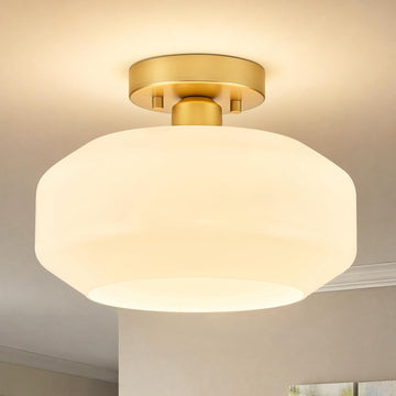 Mid-Century Modern Ceiling Light, Gold, 11.02 in, E26 | Milky White Glass Shade Light Fixture, Ceramic Socket