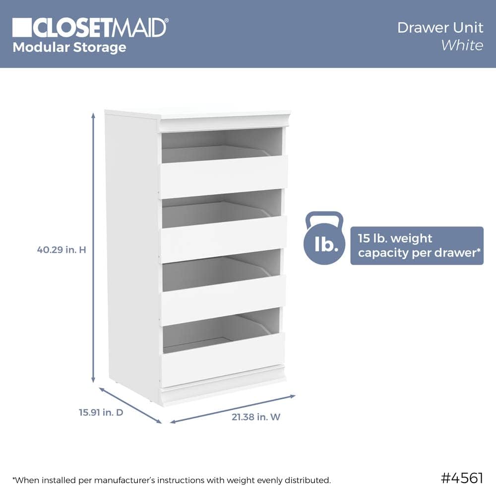 Modular Storage Unit with 4 Drawers, Wood Closet Organizer, Stacking, Full Backer, Storage, Decorative Trim, White