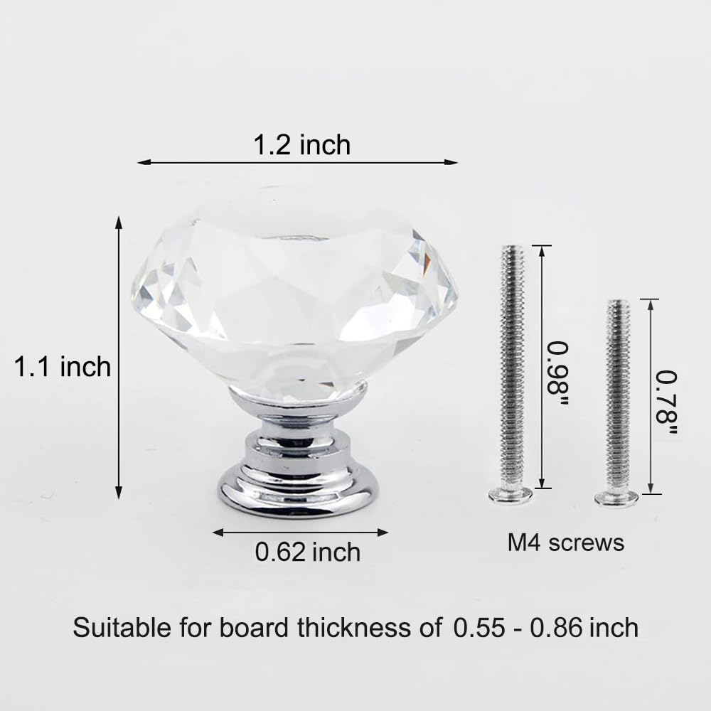 10 Pack Crystal Cabinet Knobs 30mm Diamond Glass Pulls Handles for Dresser Drawer and Kitchen, Bedroom Wardrobe Pulls