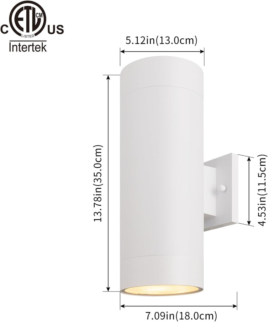 14" Modern Outdoor Porch Light Patio Light in 2 Lights with Aluminum Cylinder and Tempered Glass Cover Waterproof Wall Sconce 2 Pack (Matte White)
