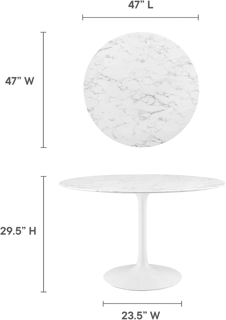 Inspired Saarinen Style Tulip Round Pedestal Dining Table — White Marble Top, 47″ Round