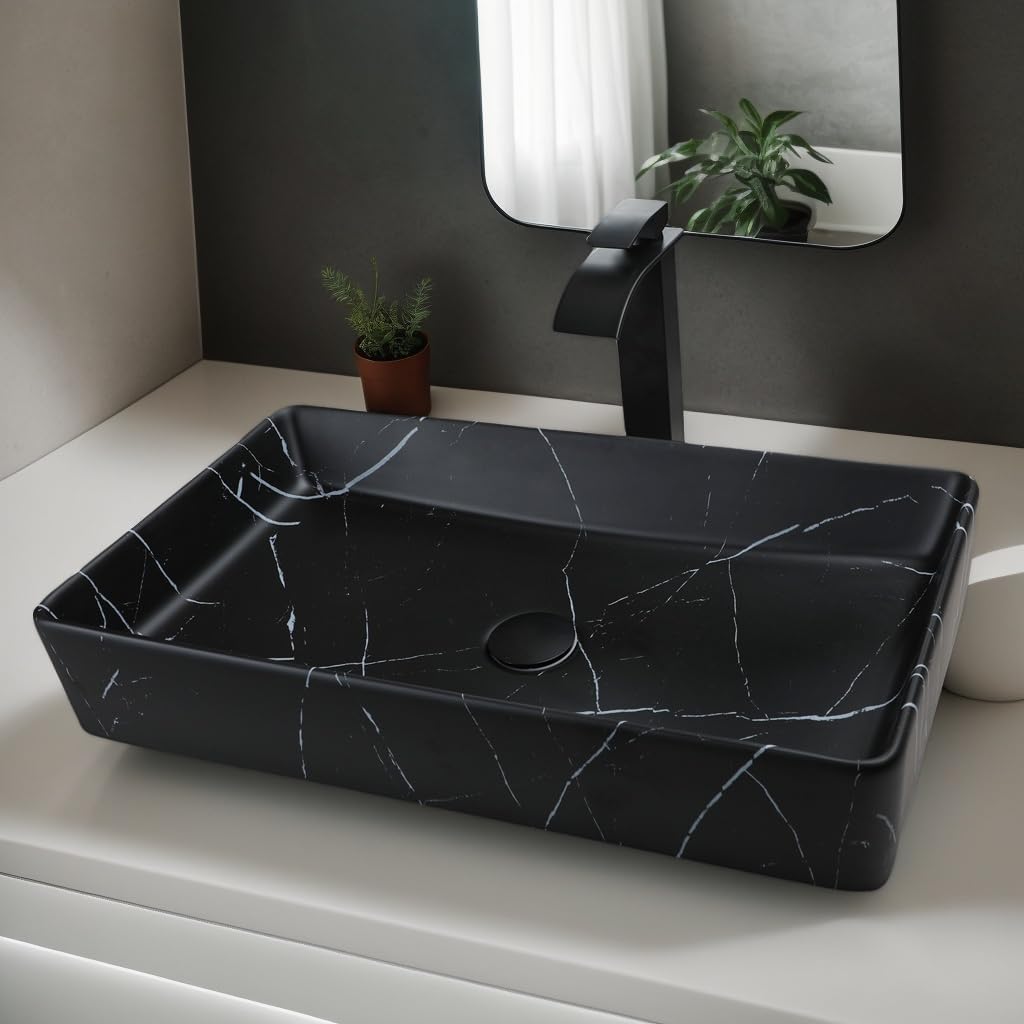 Ceramic 24x14 Inch Bathroom Sink,Vessel Sink with Faucet and Drain Combo Black Vessel Sink Rectangle Marble Bathroom