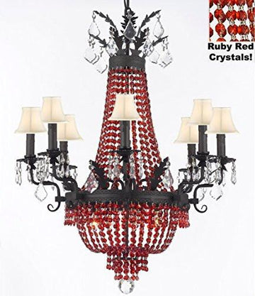 Moroccan Style French Empire Crystal Chandeliers H32" W25" - Dressed With Ruby Red Crystals And White Shades Perfect For Dining Room / Entryway / Foyer / Living Room With Dark Antique Finish - A500-B81/B88/Whiteshade/1280/8+4