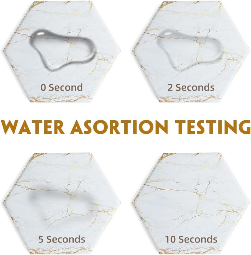 Marble Coasters for Drinks Absorbent with Cork Base, Drink Coasters for Wooden Table with Metal Holder, Gold - Set of 8