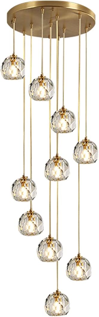 Long Crystal Chandelier LED Modern Pendant Light 59" Ceiling Light Crystal Ball Large Pendant Lighting Fixture for Staircase Living Room Hotel Hallway Foyer Entryway Gold