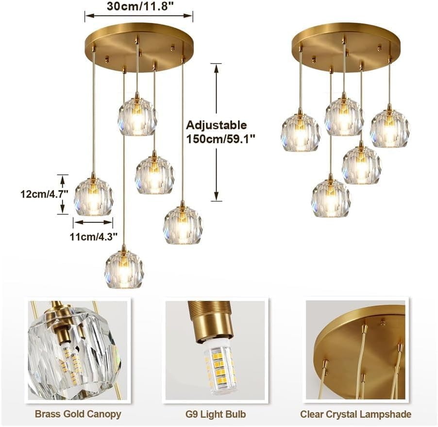 Chandelier Light Modern Chandelier Copper Crystal Pendant Light 47" Long Adjustable Ceiling Light for Living Room Staircase Hotel Ceiling Lighting Fixture(5 Head)