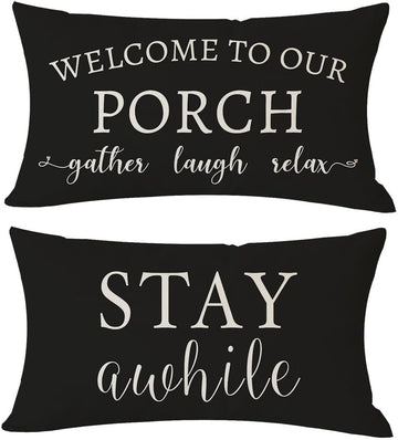 Welcome to Our Porch Stay Awhile Farmhouse Black and White Outdoor Lumbar Decorative Throw Pillow Covers 12x20 Inch