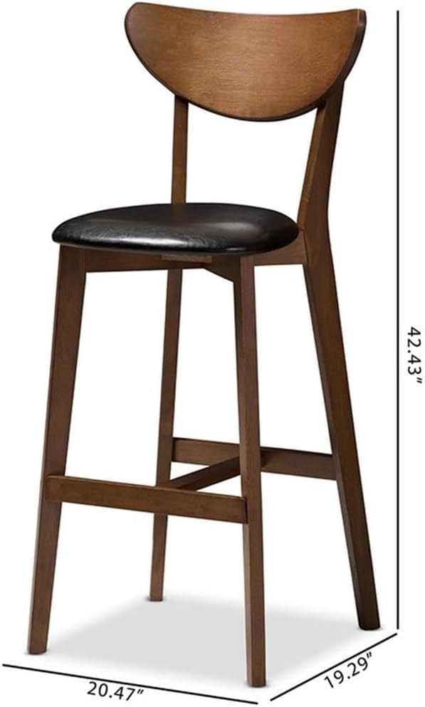 30" Bar Stools, Faux Leather and Rubberwood, Black and Walnut Brown Finish, Set of 2, Bentwood Back, Mid-Century