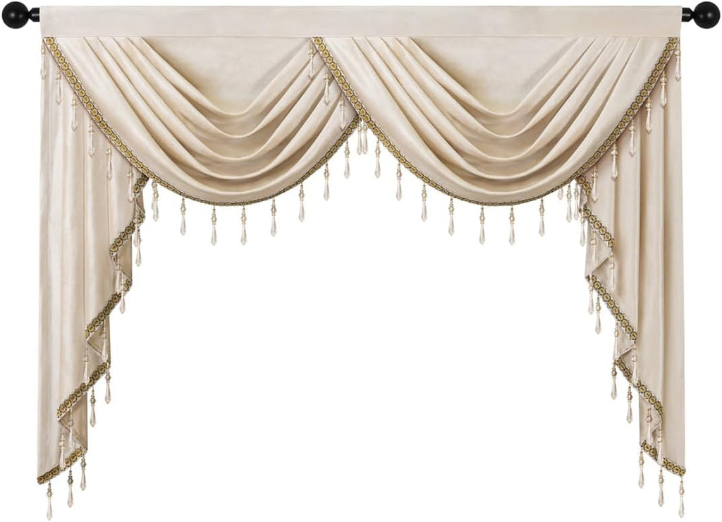 Luxury Cream Velvet Curtain Valances for Living Room with Beads (1 Panel)