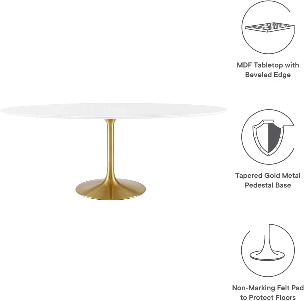 Inspired Saarinen Style Tulip Oval Pedestal Dining Table — Gold Base / White Top, 78″ Oval