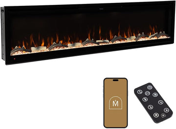 Modern Ember Aerus 72 Inch Smart Linear Electric Fireplace | Recessed in-Wall or Wall-Mount | LED Multiple Flame
