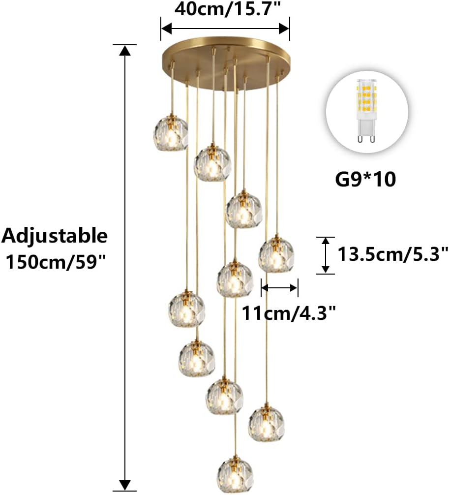 Long Crystal Chandelier LED Modern Pendant Light 59" Ceiling Light Crystal Ball Large Pendant Lighting Fixture for Staircase Living Room Hotel Hallway Foyer Entryway Gold
