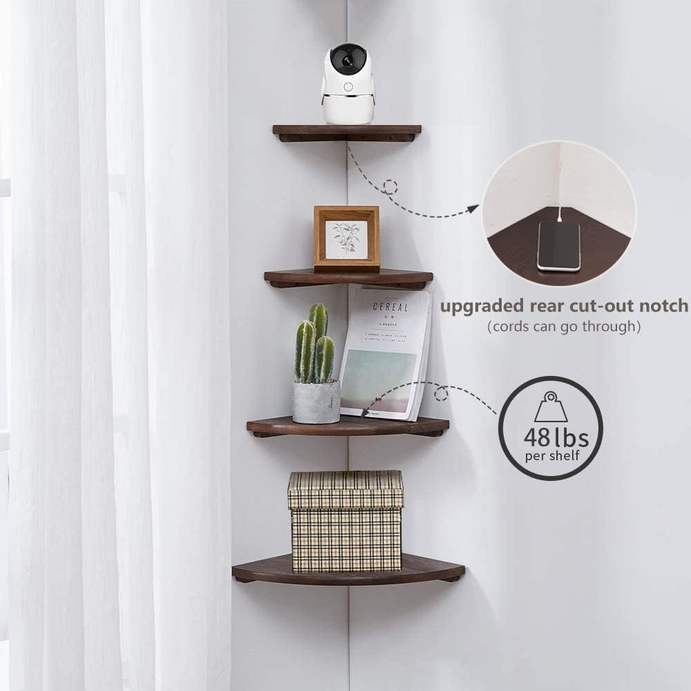Corner Shelf, Solid Oak Wood Floating Corner Shelf Wall Mount Round End Floating Speaker with Wire Hole for Small