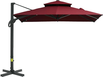 10ft Offset Patio Umbrella, Hanging Cantilever Umbrella, Square Shape, Aluminum Cross Base, Tilt, 360-Degree Rotation