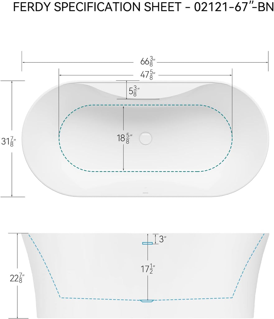 Santorini 67" Acrylic Freestanding Tub, Gracefully Shaped Contemporary Soaking Tub, Glossy White, cUPC Certified