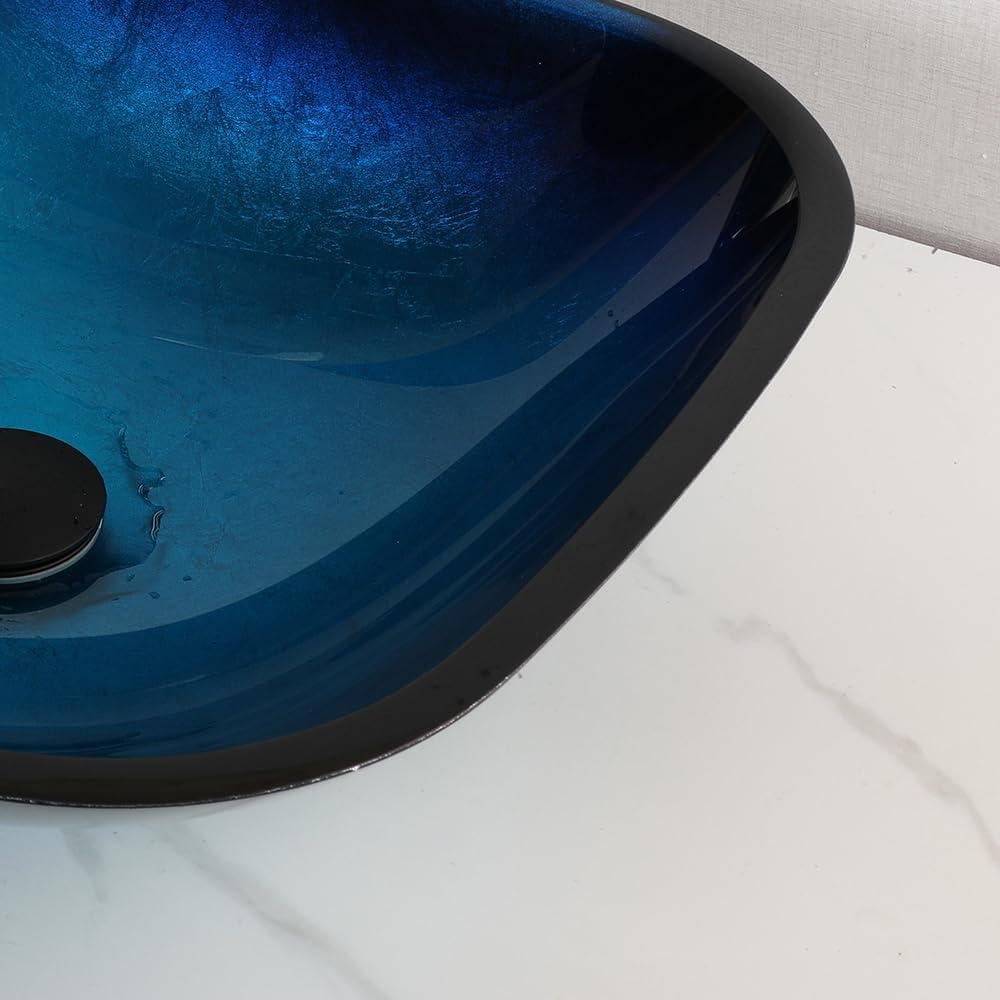 17" Blue Bathroom Vessel Sink,Square Tempered Glass Washing Sink Bowl with Waterfall Faucet And Drain