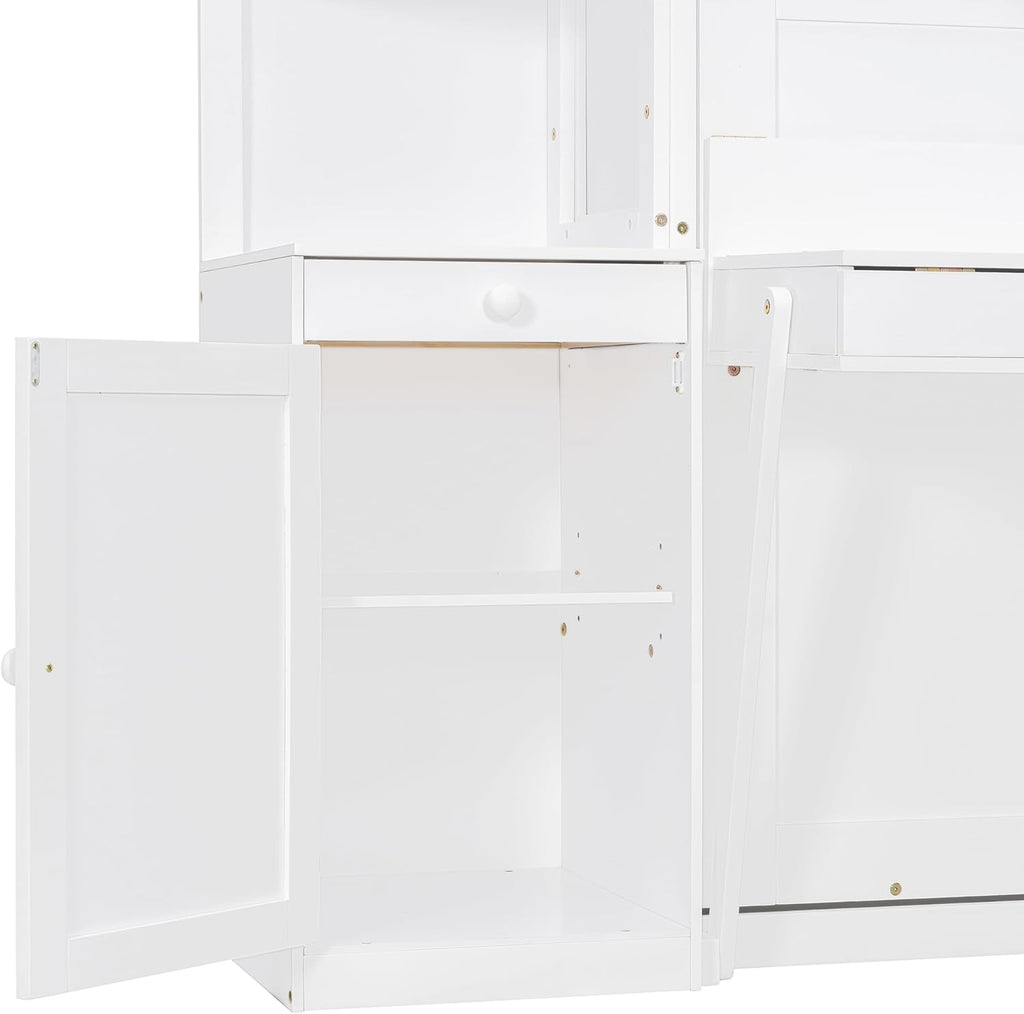 Murphy Bed with Desk, Lights, Storage Shelves and Cabinets, Hidden Wall Bed for Home Office, Space-Saving Design