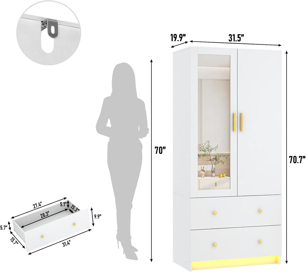 2 Doors Armoire Wardrobe Closet with Mirror, LED Closet with Doors and Drawers, Wooden Wardrobe Storage Cabinet with